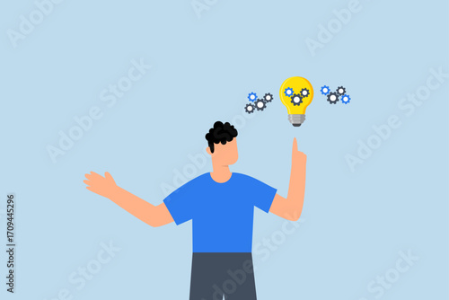 Innovation idea, businessman showcasing a novel lightbulb featuring cogs and gears to create new technology aimed at resolving business challenges.