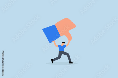 Customer complaint, attempted entrepreneur bear large thumbs-down sign on his shoulder.