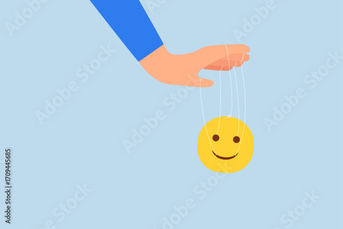 Control emotion, businessman hands bound with string to manage, influence grin like marionette.