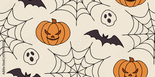 Seamless vector doodle pattern of pumpkins, ghosts, bats, witches’ hats, and spider webs in cute sketchy hand-drawn style