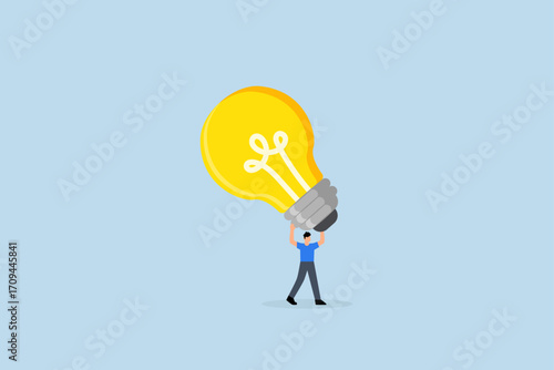 Big idea, entrepreneur holding large lightbulb concept racing to create innovative product