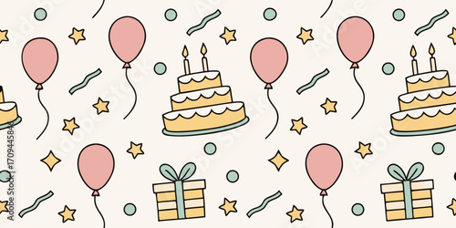 Seamless vector doodle pattern of balloons, cakes, candles, confetti, presents, and streamers with cheerful hand-drawn doodle lines