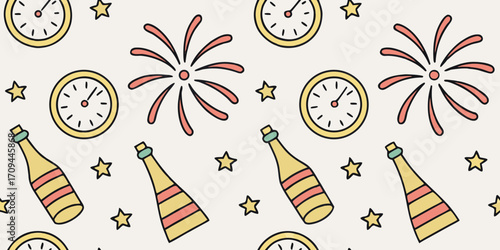 Seamless vector doodle pattern of fireworks, champagne bottles, clocks striking midnight, and party hats in festive hand-drawn style
