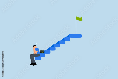 Fear of failure, downcast businessman quits solitary on staircase to achievement target.