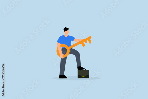 Key success for business, joyful entrepreneur with a golden key as a guitar celebrating freedom through dance.