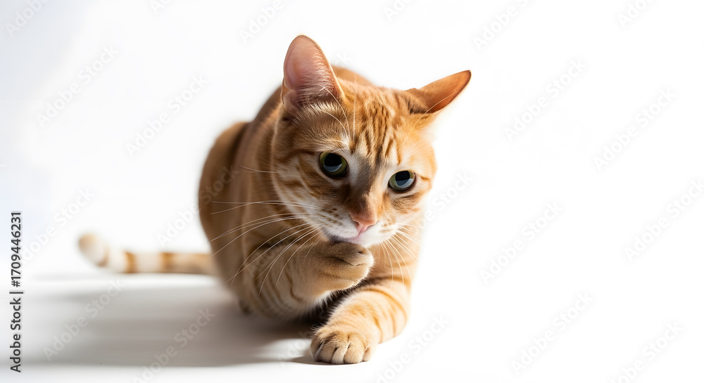 Obraz premium Cute Ginger Cat Licking and Cleaning Its Paw - Pet Grooming and Hygiene Concept