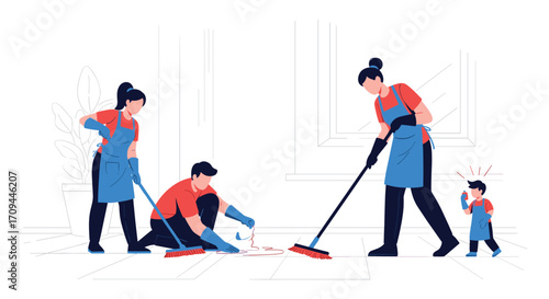 Family cleaning house together with brooms and mops, teamwork concept.