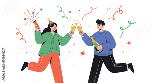 Excited couple celebrates a joyous occasion with confetti and champagne toast.