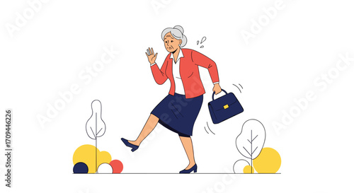 Energetic senior woman dancing with a briefcase and enjoying her day.