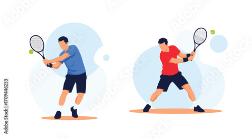 Two male tennis players in the middle of a match hitting the ball back and forth.