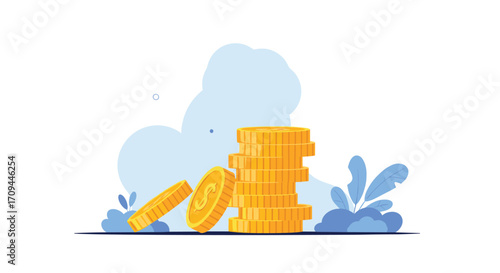 This illustration shows a stack of gold coins with a few coins falling.