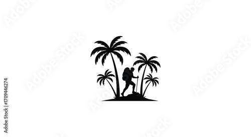 Silhouette of a hiker walking among palm trees on a tropical island