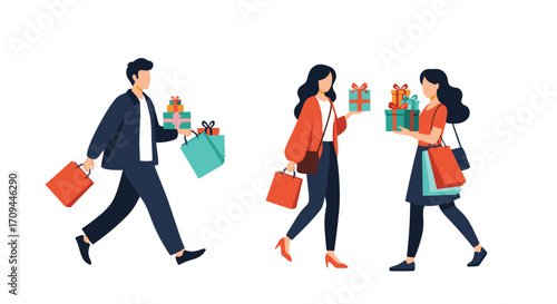 People are enjoying shopping and carrying gift bags and presents.
