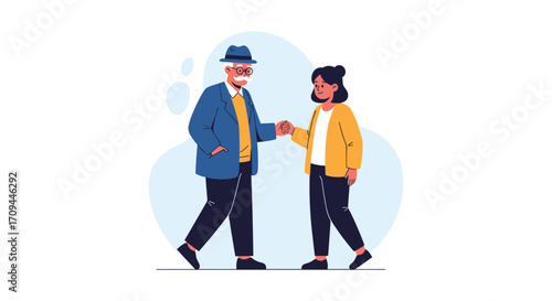 An older gentleman and a younger woman shake hands to create a connection.