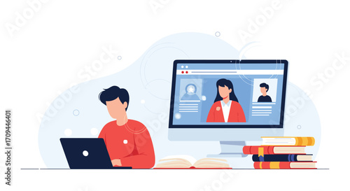 Student attending online class using laptop and desktop computer.