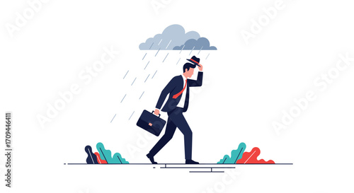A businessman walks through a rainy storm holding his hat.