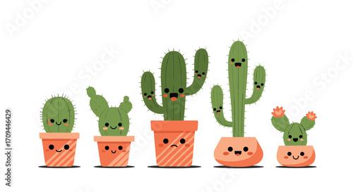 A collection of adorable cartoon cacti in cute potted plants standing in a row.