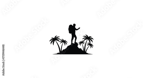 Silhouette of a hiker standing on a hill amongst palm trees