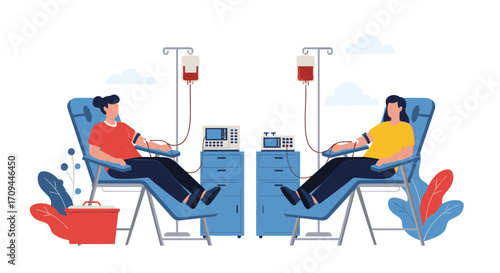 Two people donating blood in chairs with medical equipment and IV bags providing the life saving fluid.