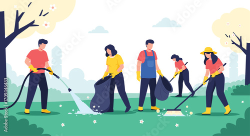 Volunteers working together to clean up a park on a sunny day.
