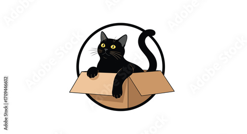 A playful black cat peeks out from a cardboard box with curious yellow eyes.
