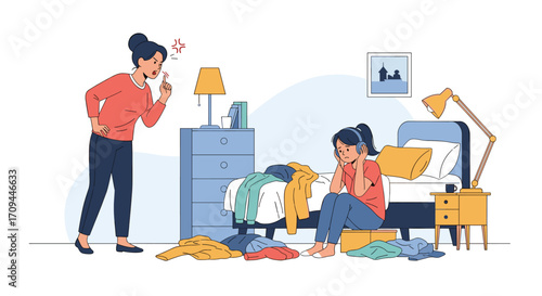 Parent scolding child for messy bedroom and clothes scattered everywhere