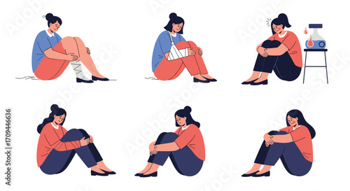 Illustrations of a young woman in various poses of contemplation and sadness.