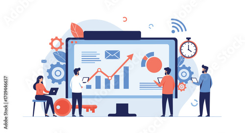 Visualizing business growth and analyzing data with a team working together.
