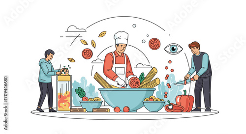 A group of chefs prepare a delicious meal together in a vibrant kitchen setting.