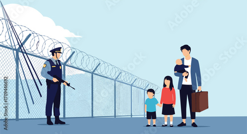 A lone guard watches over a family at a border fence with barbed wire.