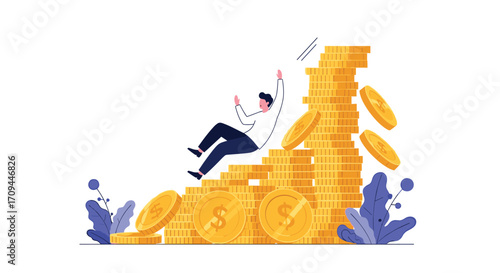 Man falling from stack of gold coins.