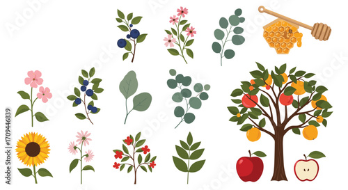 A collection of assorted botanical elements and fruits for seasonal decoration.
