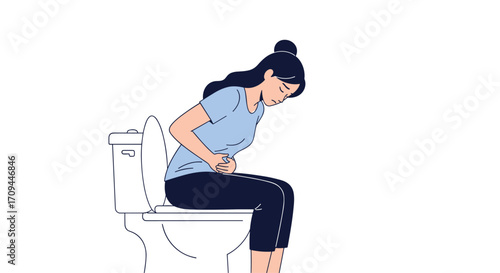 Woman experiencing abdominal pain while sitting on toilet.