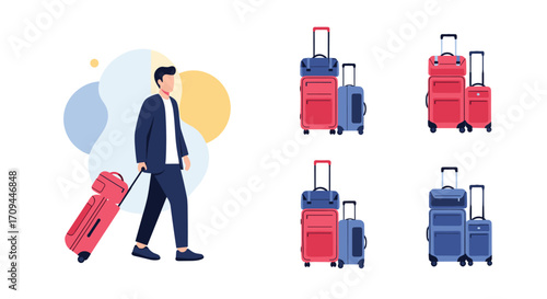 A businessman walking with his luggage and several stacks of suitcases for travel.