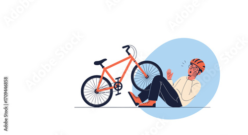 A person wearing a helmet falls off their bicycle on the road.