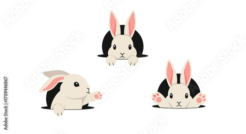 Three cute little rabbits peeking out from holes with their ears up.