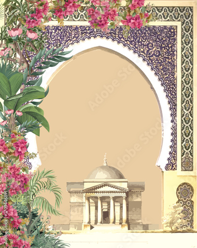 Traditional mughal garden arch palm tree peacock pattern with an ornate frame