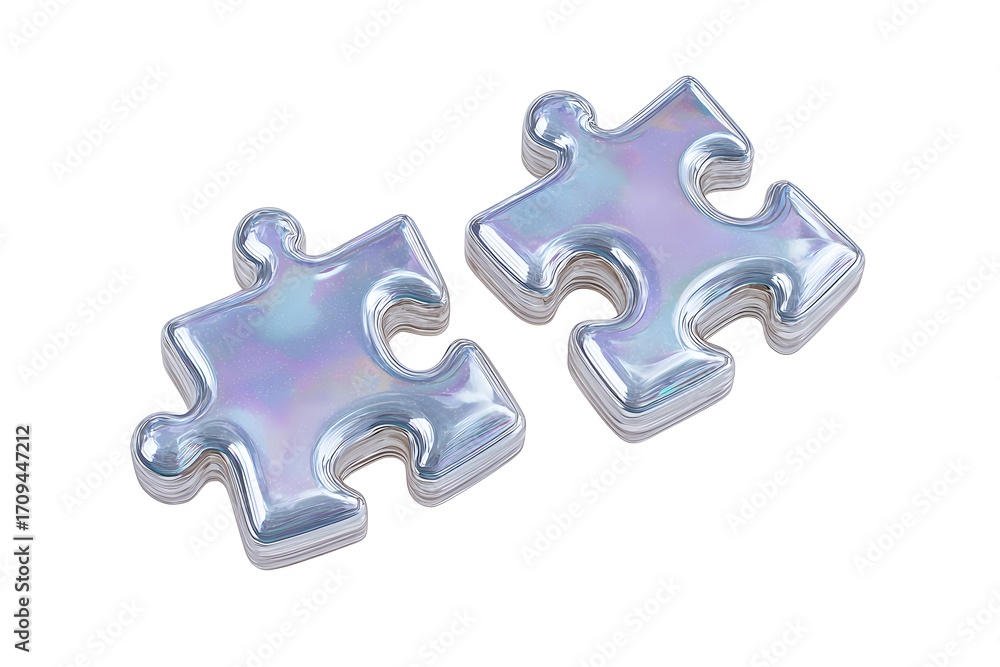 Fototapeta premium Two Shiny Metallic Jigsaw Puzzle Pieces on a White Background Representing Connection and Problem Solving Concept