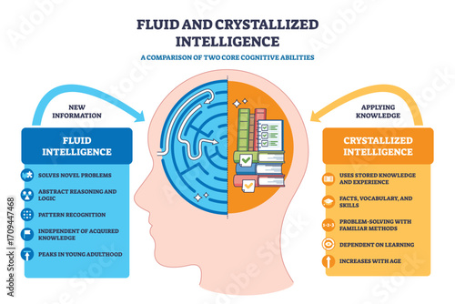 Fluid intelligence is visualized as abstract reasoning and logic, shown by a maze, brain, and icons. Outline diagram