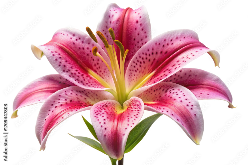 Naklejka premium Stunning pink stargazer lily bloom isolated with vibrant petals and delicate spots isolated on transparent background