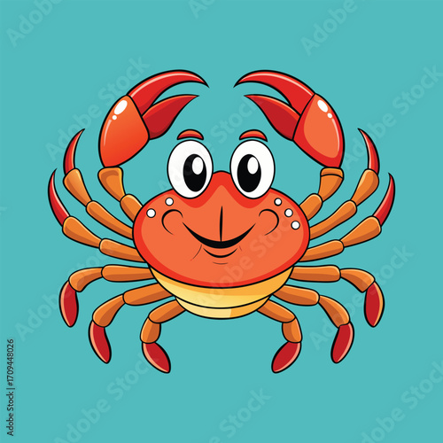 Smiling red crab cartoon character with claws cute playful vector illustration,generative ai