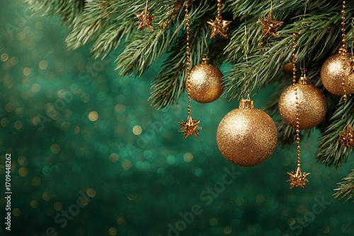 Green pine branches with gold Christmas baubles and star ornaments on a green glittery background.
