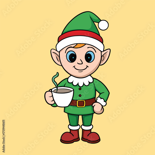 Christmas elf holding cup of coffee holiday character cartoon cute vector illustration design,generative ai