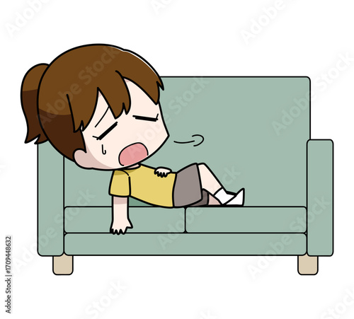 疲れてソファに横になる女子のイラスト
