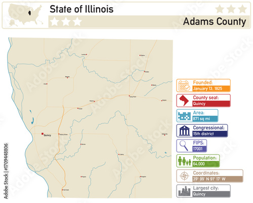Detailed infographic and map of Adams County in Illinois USA.