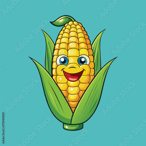 Happy cartoon corn character with green husk smiling cute vector illustration,generative ai