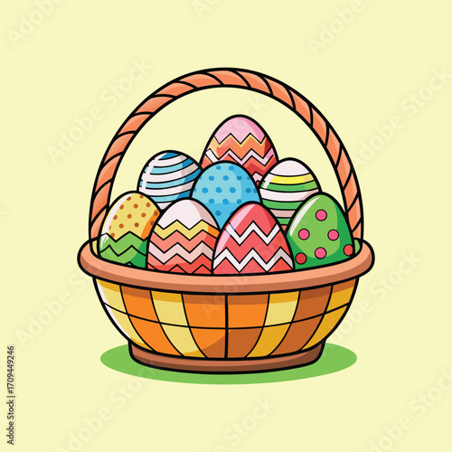 Colorful Easter eggs in basket vector illustration with holiday festive decoration and seasonal spring design,generative ai