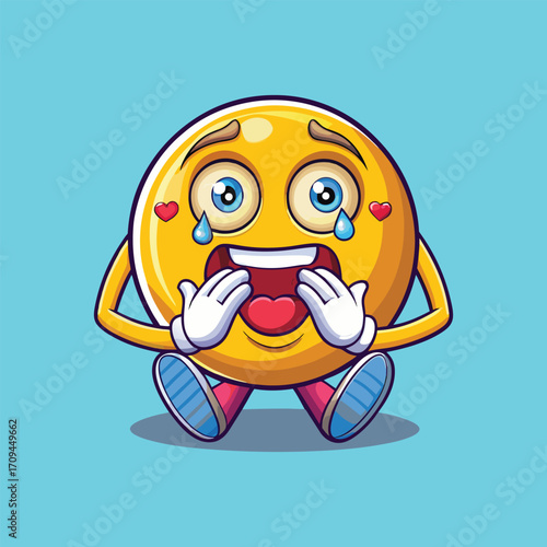 Cute crying shocked emoji cartoon character with teary eyes and heart symbols vector illustration,generative ai