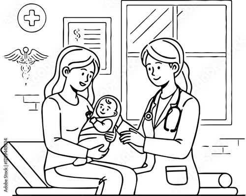 Joyful Moment A caring doctor provides postnatal consultation to a new mother cradling her infant, emphasizing health and well-being during the precious early days of new life