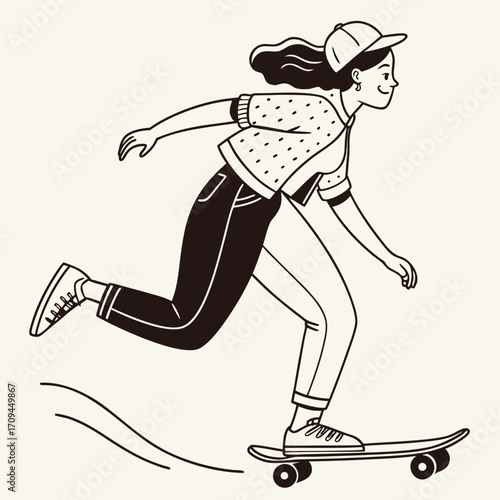 Minimalist Female Skateboarder Avatar Icon in Line Art Style: Ideal for Youth and Sports UI Design Projects